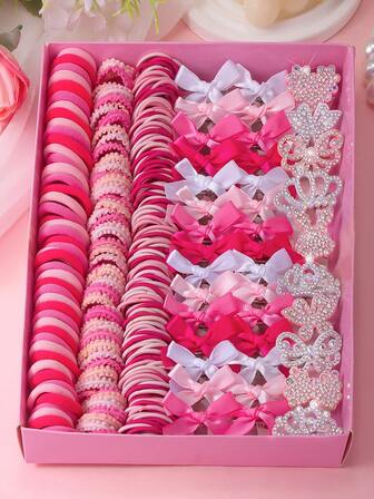  VBOOR 155 Stück süßes rosa glänzendes Haaraccessoire Set für Frauen, inklusive Schleifenhaarspangen, Haarklemmen mit Kaninchenkrone, Schmetterling und Strass, Scrunchies, Spitze Haargummis, dünne Haarreife, geeignet für Mädchen und Damen für den täglichen Gebrauch, Partys und Ausflüge, Haarklammern