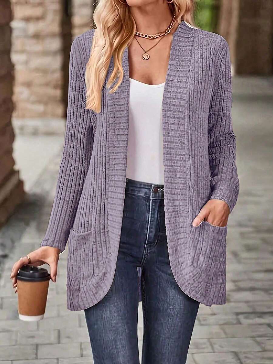 Damen Große Größen Einfarbige Langarm Gestrickte Strickjacke