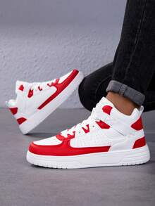 1 par de zapatillas de skateboard de caña alta para hombres, blanco y rojo, cómodas zapatillas casuales con cordones y suela de EVA, adecuadas para uso diario, ir y venir, ocio, fitness, reuniones y talla grande, otoño