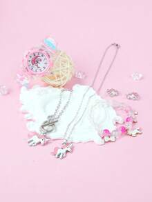 Set de 6 piezas Reloj de cuarzo con pulsera de unicornio para niñas, estilo europeo y americano lindo y dulce, luminoso LED, correa de silicona suave 3D, reloj de poni arcoíris + pulsera de cuentas de unicornio + collar + pulsera + aretes x2