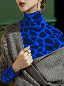 秋季新款豹纹高领修身长袖汗衫，冬季时尚优雅上衣 - 藍色和黑色 - 查看 3