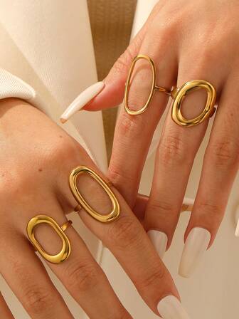 4pcs/Set Fashionable INS Minimalist High-End Plated Stainless Steel Wide Geometric Oval Open Adjustable Rings, Suitable For Women Daily, Party, Date Wear