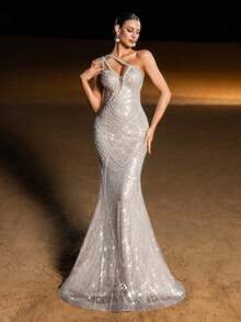 Elisanya Haute Glamour Luxury Geometric Sequin & Bead Mermaid Evening Gown – One-Shoulder With Asymmetrical Rhinestone Chain Strap, Fish-Tail Skirt - Apricot - View 6