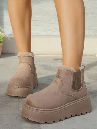 Women's Winter Thermal-Lined Slip-On Khaki Snow Boots, 6cm Thick Sole Outdoor Winter Shoes, High-Top Fluffy Boots For Daily Wear & Outdoor Sports,Fur Boots