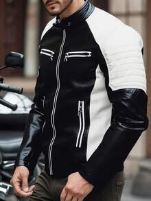 Men's Zipper Closure Long Sleeve Fitted Casual PU Leather Biker Jacket,Men's Stand Collar Leather Jacket Fall Color Block Motor Biker Jacket Full Zip Outerwear Coats ,For Boyfriend