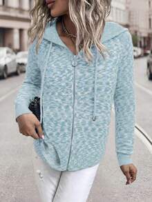 Women's Casual Hooded Drawstring Raglan Sleeve Knit Zip-Up Cardigan - Multicolor - View 3