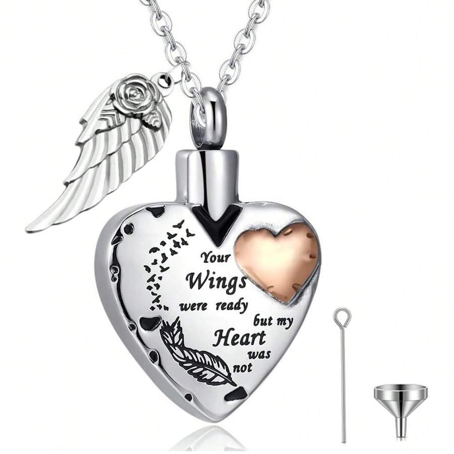 Heart-Shaped Cremation Necklace, Winged Cremation Urn Necklace - Your Wings Are Ready, But My Heart Is Not - Heart-shaped With Wings - View 1