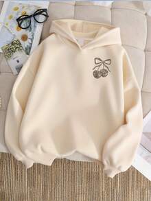 1pc Tween Girls Cute Leopard Print Bow Cherry Sweatshirt, Soft And Comfortable, Suitable For Spring And Autumn Daily Wear - Apricot - View 2
