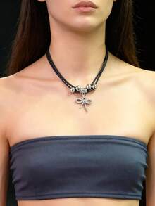 New Retro American Style Bow Layered Necklace, Malachite Collarbone Chain, Popular Sweet & Hot Girl Sweater Chain Accessory