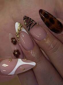 24pcs/Set Vintage Brown Tie Dye Leopard Print & Floral 3D Pearl Decorated French Almond Shaped Full Cover Press-On Nail Tips, Suitable For Ladies & Girls Party, Date, Holiday