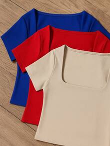 Square Suplex Cropped Top With Casual Lining For Women, Kit With 3 - 比克藍/紅/沙色 - 查看 2