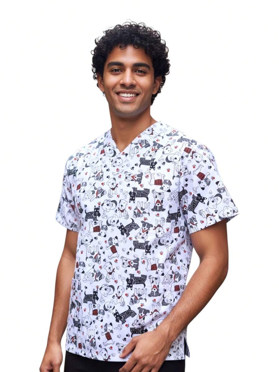 SOULMATE Filipina Quirúrgica Hombre Tonny Estampada - Blanco Perros - Ver 1