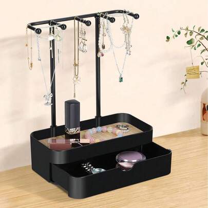 Organizator de bijuterii cu 2 niveluri, cu sertar extensibil și suport de afișare, spațiu elegant de depozitare pentru coliere, bretele, cercei, inele și accesorii, suport elegant pentru chei la intrare, perfect pentru cadouri de sărbători și pentru o zi de zi cu zi.