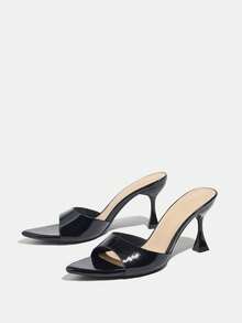 Jin Bei Qi 女士高跟鞋，时尚优雅派对户外宴会细高跟尖头亮面绑带穆勒凉鞋，采用光滑质感材质，性感迷人，黑色 - 黑色 - 查看 7