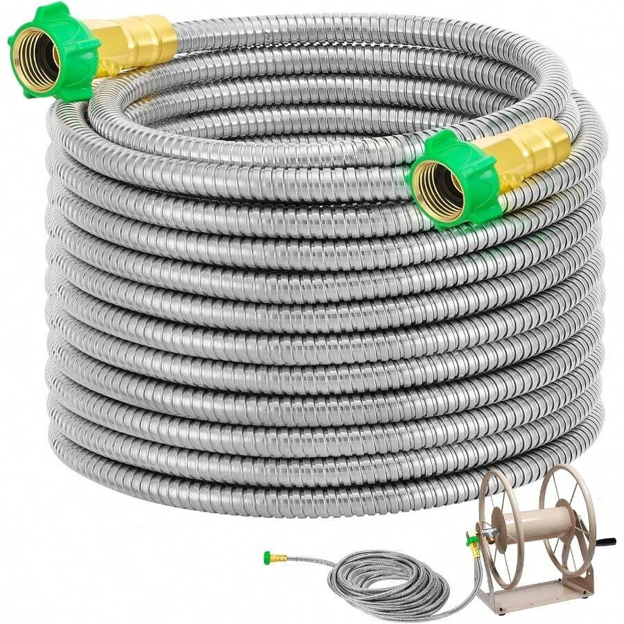3ft Short Garden Hose With Female To Female Connector Metal Leakproof Leader Hose For Hose Reel Heavy Duty 304 Stainless Steel Flexible Hose For Outdoor Garden Watering Car Pet Cleaning - 50英尺 - 查看 1