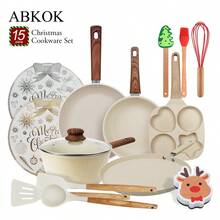 ABKOK 1pc/2pcs/3pcs/4pcs/7pcs/12pcs/15pcs Aluminium Pot Set 7.4inch Stockpot With Lid 8.3inch Wide Mouth Frying Pan 9.8inch Frying Pan Silicone Three Pieces Set Spatula Spatula Spoon Wooden Handle Suitable For Kitchen Cooking, Frying And Cooking .Multi-Piece Cookware Bundles & Single Pots Sold Separately - Mix & Match For Your Kitchen Needs