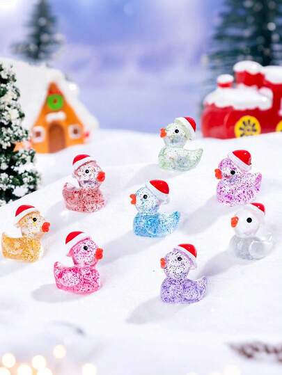 20pcs- Mini Christmas Glitter Ducks, Christmas Mini Glitter Resin Duck With Christmas Hat, Colorful Resin Mini Duck Figures, Mini Fairy Garden Decoration, Small Christmas Party Decoration, Ducklings, Small Resin Animals, Home Decor, Room Decor, Christmas Ornament, Christmas Gift Bag Filler, Party Gift Decoration