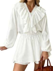 Women Summer 2 Piece Outfits Stylish Solid Color Long Sleeve V Neck Botton Up Ruffled Tops And Elastic Waist Shorts Set - trắng - Xem 7