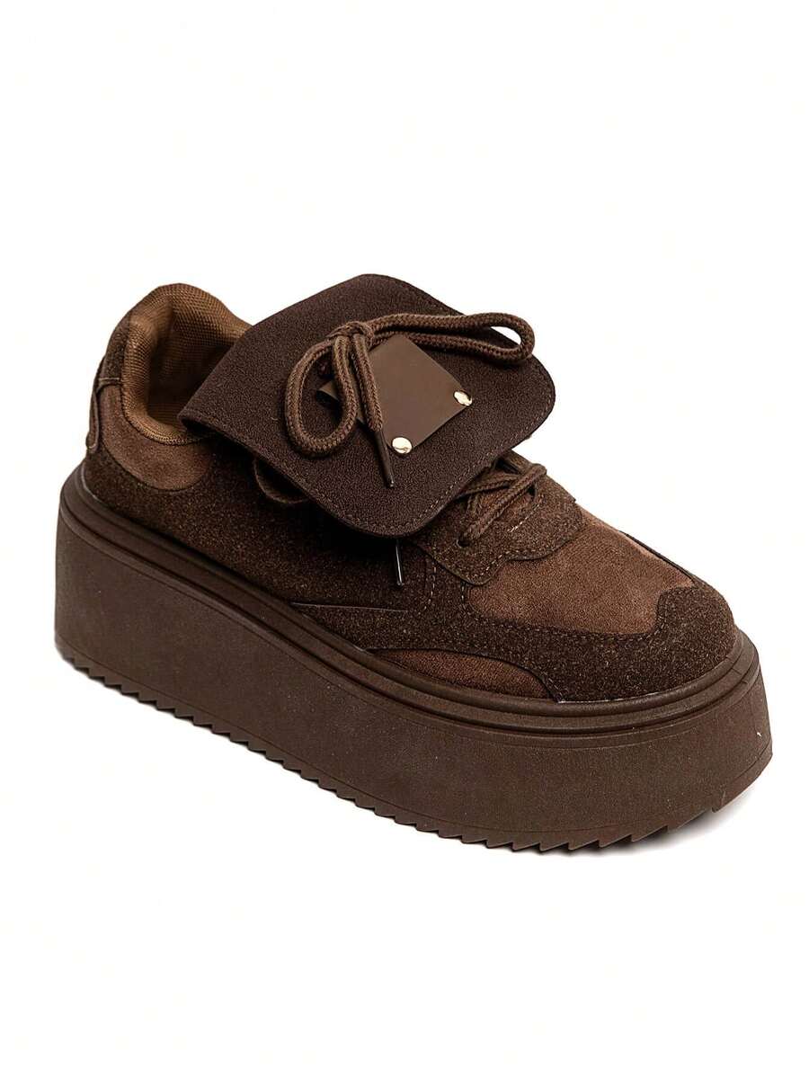 Baskets Compensating In Suede Avec Large Languette And Semelle Plateforme - Brown - View 1