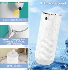 Despachador de Jabon Liquido sin Contacto, 350ml USB Recargable Automatico Dispensador Jabon Baño, Sensor IR Inteligente Dispensador de Shampoo con 4 Velocidades Ajustables, para Baño, Cocina (Espuma) - Espuma - Ver 5
