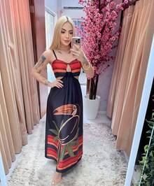 Tropical Toucan Print Long Dress With Thin Straps And Front Cutout - 黑色 - 查看 4