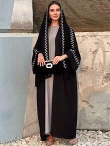 1pc Elegant Embroidered Cuff Simple & Dignified Hijab + Open Abaya, Arabic Embroidered Long Robe Fashion Outerwear Abaya, Suitable For Women's Daily Wear, All Season - 彩色 - 查看 10