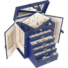 AKOZLIN Large Jewelry Box Organizer Functional Lockable With Big Mirror Leather Jewelry Storage Case For Women Girls Ring Necklace Earring Bracelet Holder Organizer Blue