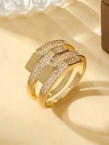 礼盒套装优雅时尚闪耀微镶钻石交叉线设计金戒指，多种尺寸可选，适合女性婚礼、派对、情人节礼物 - 金色-幾何交叉 - 查看 8