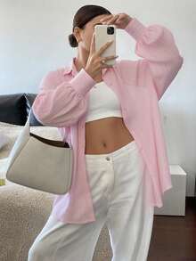 Livesso 女士商务休闲纯色长袖宽松翻领衬衫夏季透明 - 粉色 - 查看 2