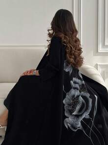 Women's Long Sleeve Kaftan Robe, Black Woven Fabric, Hand-Painted Floral Pattern, Loose Long Style Spring - Black - View 3