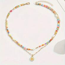 Handmade Adjustable Bead Flower Pendant Necklace - Colorful Rice Bead Flower Design, Gold Alloy, Casual Fashion Women's Accessories, Daily Wear Necklace| Vibrant Pearl Flower Design| Gold Color Surface Treatment, Flower Necklace - 1 cái - Xem 3
