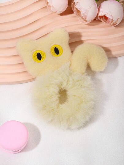 1 قطعة شرشرة شعر من الفرو الناعم على شكل قطة صفراء لطيفة، ديكور حفلة هالوين، مكياج، حاملات ذيل الحصان، أربطة الشعر، حبال الشعر