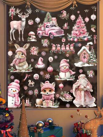 9 hojas de pegatinas navideñas para ventanas, Papá Noel 3D, muñeco de nieve, pingüino, ciervo, copos de nieve, árbol de Navidad, zorro lindo, decoración de puerta y ventana de doble cara para vacaciones de invierno, decoración del hogar, aula, pared, habitación