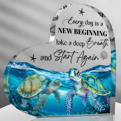1pc Acrylic Heart Plaque Ocean Desk Sign, Motivational Quote, Christmas Gift For Mom And Women, Teal Blue Coastal Room Decor, Small Clear Freestanding Sign For Desk Shelf Bedroom Office Christmas Gifts, Mom Gifts, Gifts For Women, Turtle Lovers-Christmas Gift,
