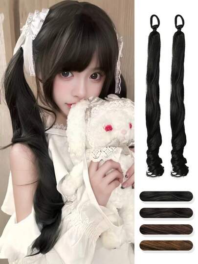 1 Pair Lolita Roman Curled Ponytail Pair For Girls Synthetic Hair Extension, Around 16inch With Elastic Band For Women Suitable For Daily Wear,Party, Halloween,Brown/Black