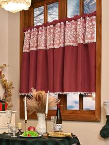 1pc Christmas Snowflake Lace Pom Pom Semi-Sheer Curtain, Lightweight Sheer Sunshade, Rod Pocket Top Design, Suitable For Bedroom, Living Room, Balcony Christmas Decor, Christmas Gift