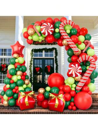 159 件圣诞气球花环套装，红色、绿色、金色气球 DIY 气球套件，星星、拐杖糖、风车、立方体礼品盒气球，适用于圣诞派对装饰、生日派对背景装饰、圣诞家庭聚会装饰、圣诞装饰、圣诞饰品、圣诞装饰品