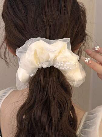 1 قطعة شرشف شيفون أنيق للنساء - رابط شعر لؤلؤي قابل للطي، اكسسوار شريط شعر لذيل الحصان العالي، مكياج