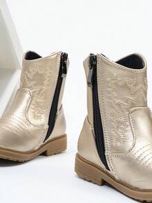 Botas con bordado de tótem de otoño/invierno, nuevas botas occidentales para bebé versátiles, resistentes al desgaste, cálidas y cómodas con estilo minimalista y cremallera lateral - Dorado - Ver 3