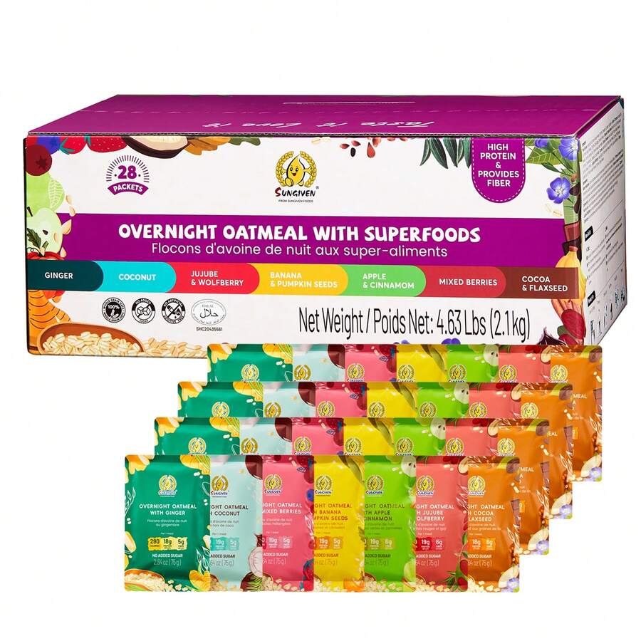 SUNGIVEN SUNGIVEN High Protein Overnight Oats Variety Pack - 7 Flavors Low Sugar High Fiber Instant Oatmeal Health Breakfast Snacks For Gym Office School Trip Kids With Superfoods