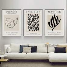 Ensemble de 3 affiches classiques art déco - Impressions artistiques à thème géométrique abstrait de l'espace par Henri Matisse, Picasso et Paul Klee - Peintures sur canevas sans cadre pour la décoration de la cuisine, du bureau à domicile, du salon et de la chambre à coucher