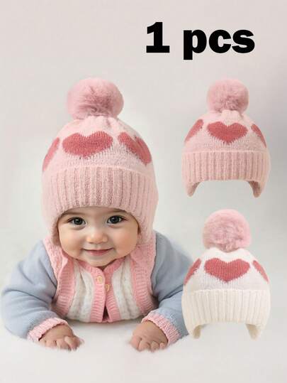 1 件装女婴新生儿幼儿绒球心形无檐帽护耳帽，舒适针织冬季温暖心形可爱儿童帽，户外婴儿配饰帽