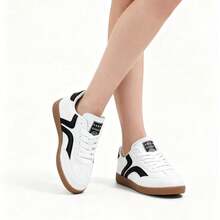 Women's Casual Sneakers, Fashion Trainers, Comfortable Campus Style Lace-Up Shoes For Outdoor, Indoor, Sports, Versatile - Black and White - View 3