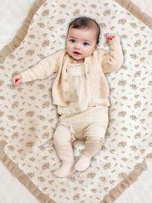 1 件柔软棉质花卉婴儿毯，甜美荷叶边婴儿棉毯