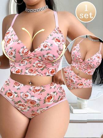 Plus Size Casual Printed Lingerie Set