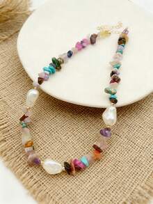 1pc Vintage French Style White & Pink Faux Pearl Necklace, Simple Choker