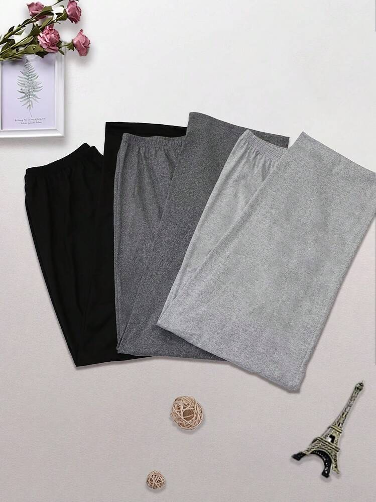 3pcs Set Solid Black + Dark Grey + Light Grey Women's Pajama Pants, Polyester Knit Fabric, Casual Style Ladies Trousers, Thin Comfortable Fit For Spring/Summer - Multicolor - View 5