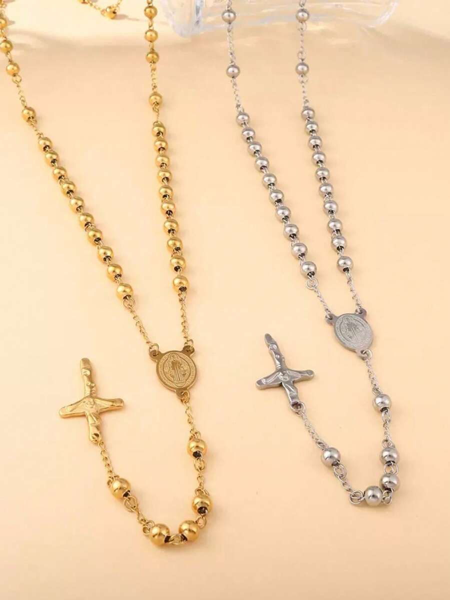 1 件镀金 6 毫米不锈钢圣本笃玫瑰项链吊坠，男女通用 Y 形项链首饰，万圣节、圣诞节礼物 - 彩色 - 查看 1