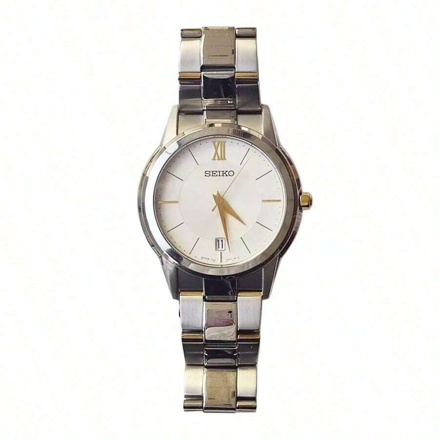Seiko Reloj de cuarzo para hombre, correa de acero plateado y dorado, esfera blanca, adecuado para uso diario de negocios SGEF45J1
