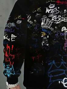 男士休闲涂鸦字母印花卫衣，100% 涤纶套头连帽衫，适合春秋季户外、跑步、运动、休闲活动。 - 彩色 - 查看 5